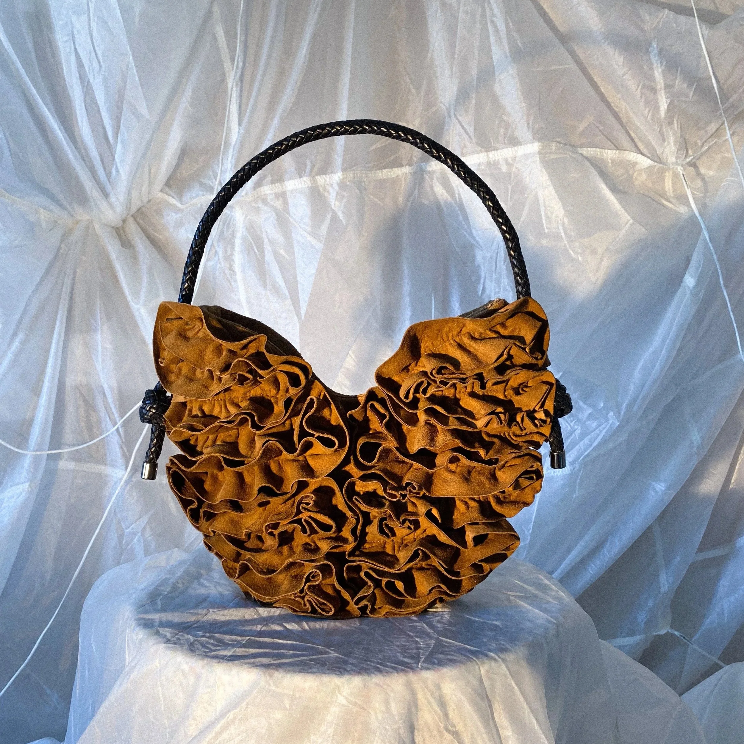 RUFFLED BUCKET BAG - BROWN SUEDE