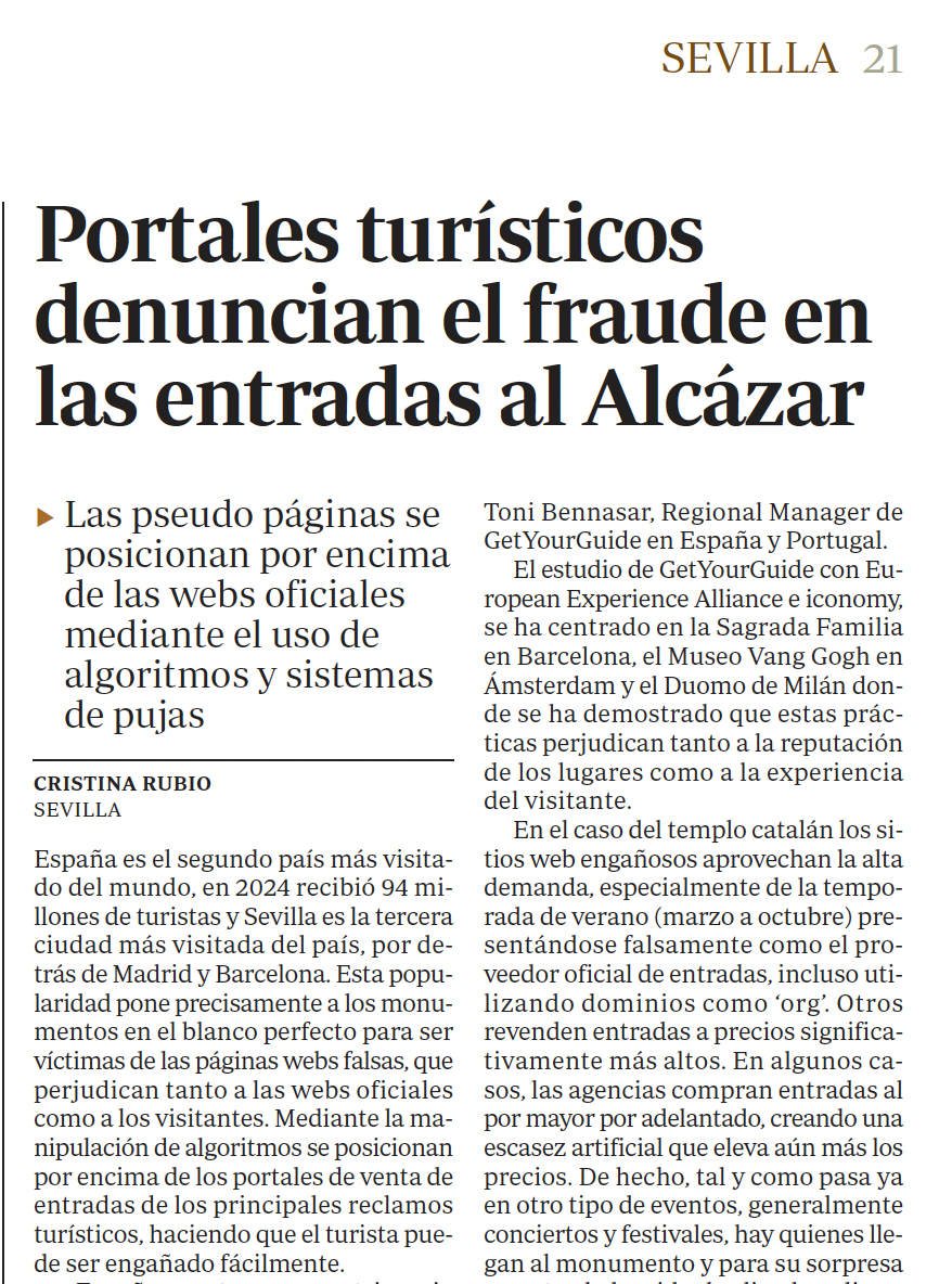 Portales turísticos denuncian el fraude en las entradas de Alcázar