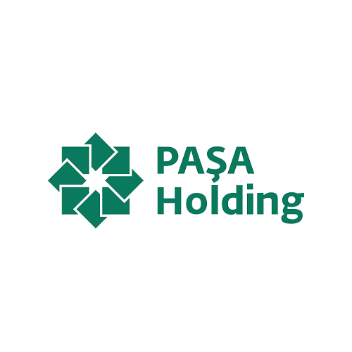 PAŞA Holding logosu, yeşil renkli geometrik şekil ve yazı.