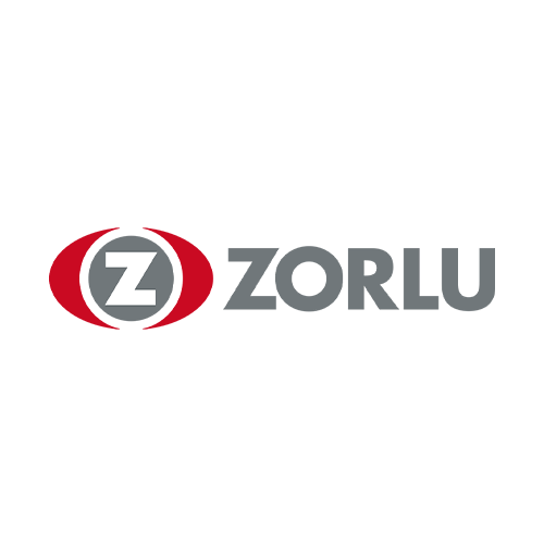 Zorlu Holding logosu, dairesel kırmızı çerçevede beyaz "Z" harfi. "ZORLU" kelimesi gri renkte.