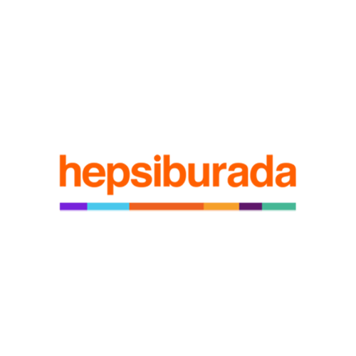 Hepsiburada logosu, turuncu yazı ve renkli çizgiler.
