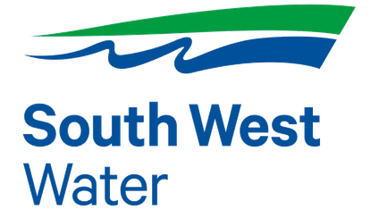 South West Water logo with stylized blue, green, and black wave design.