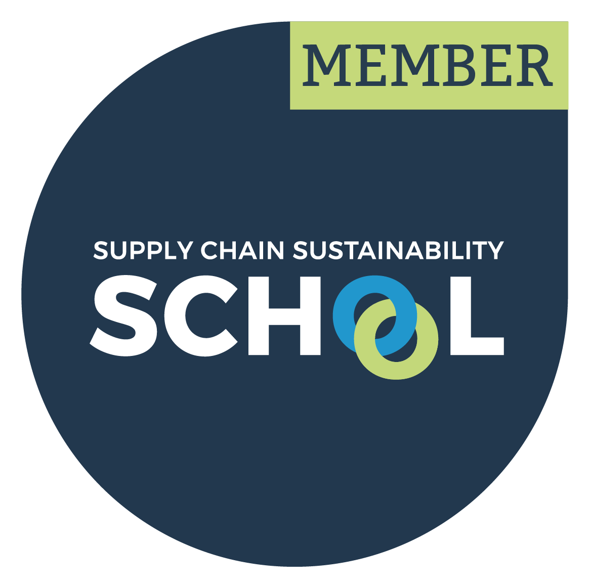 Dark blue circular badge with green rectangle at the top right corner containing the word 'MEMBER' in dark letters. Centered white text reads 'SUPPLY CHAIN SUSTAINABILITY SCHOOL' with stylized interlocking green and blue loops around the letter 'O' in 'SCHOOL'.