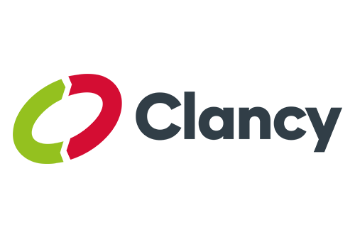 Clancy logo with green and red circular design and black text