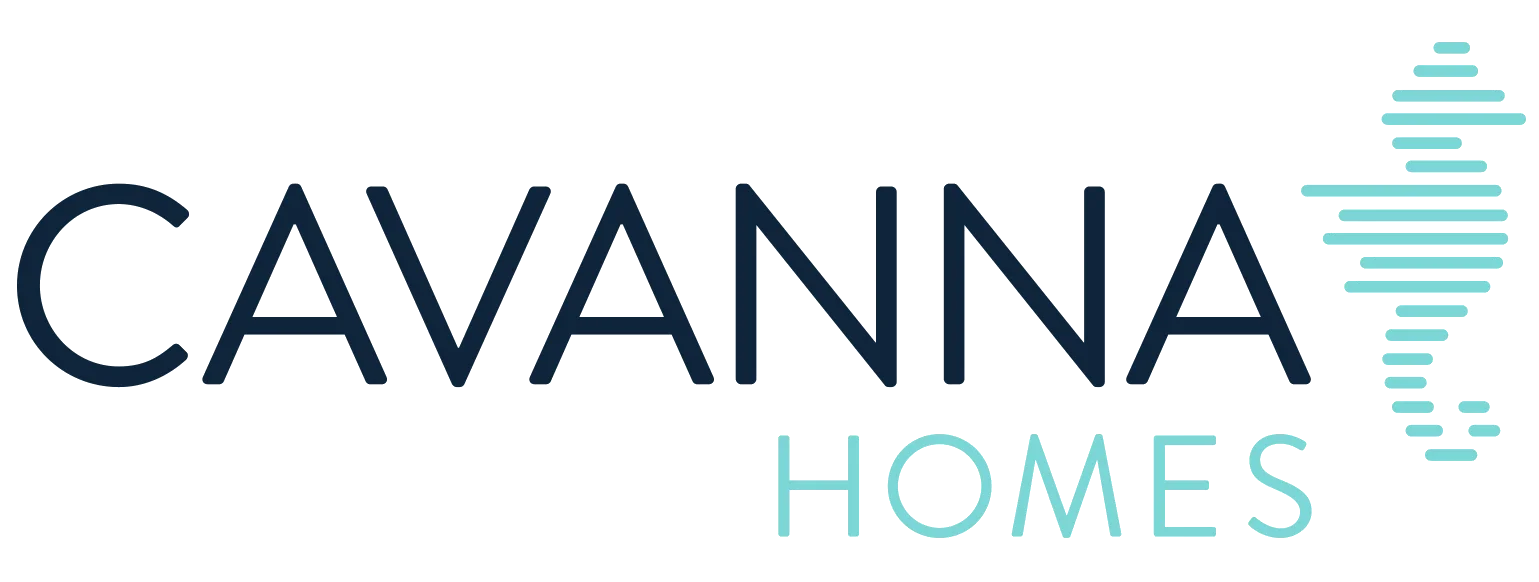 Logo with the text "Cavanna Homes" in large font and a pattern of light blue rectangles resembling a stylized house or building on the right side.