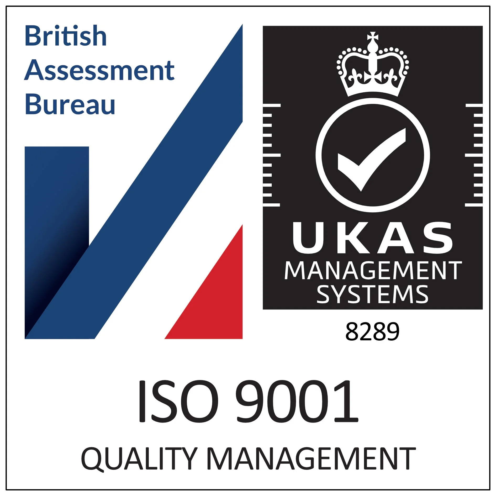Certification badge for ISO 9001 Quality Management by the British Assessment Bureau, featuring UKAS Management Systems logo.