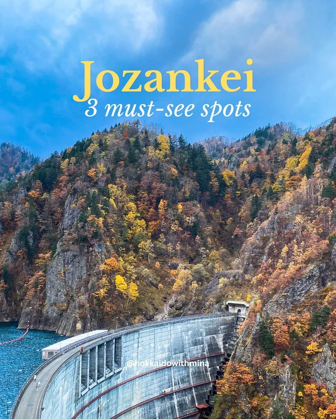 🍁 3 must-see spots in Jozankei

1️⃣ Futami Tsuribashi&ndash; A red suspension bridge in Jozankei Gorge, surrounded by stunning autumn colors.
2️⃣ Onsen Town- Wander through the hot spring town and enjoy a soak.
3️⃣ Hoheikyo Dam &ndash; A huge dam wi