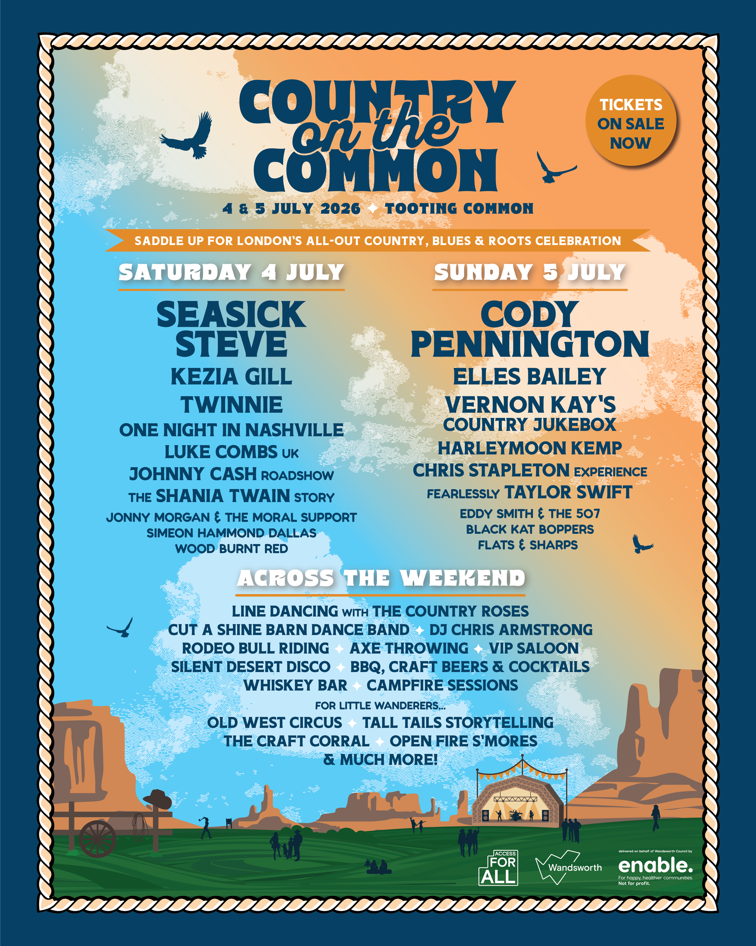 Country music festival activities at Country on the Common in London, featuring professional line dancing, axe throwing, mechanical rodeo bull riding, a dedicated southern whiskey bar, and Tex-Mex BBQ food.