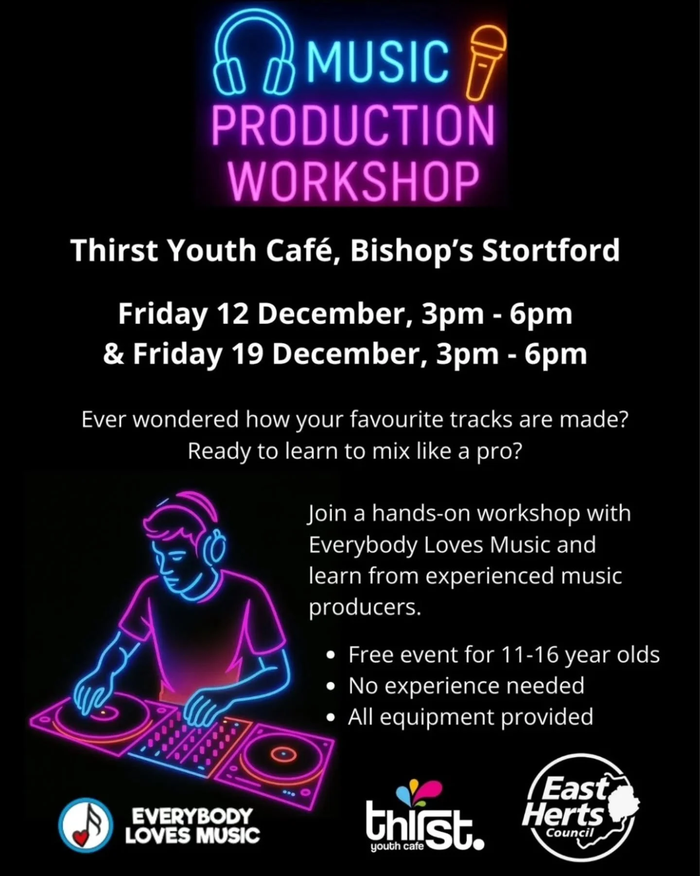 We are hosting a music production workshop with Everybody Loves Music for the next two Fridays 12th &amp; 19th December 3-6pm, Come and join in the fun! 😎

#bishopsstortford #hertfordshire #youth #creative