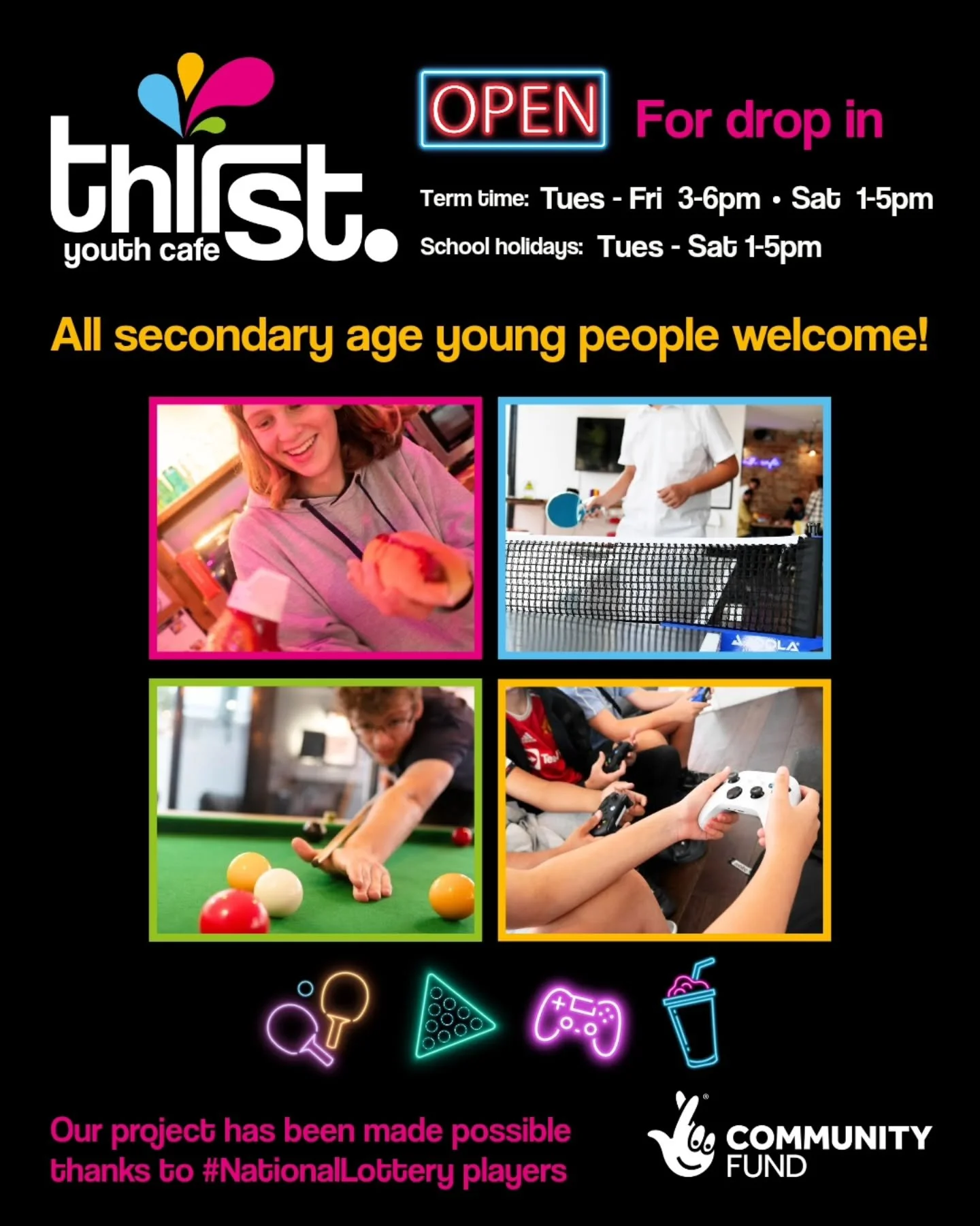 A big thanks to The National Lottery Community fund for supporting our drop in sessions! Their support helps us continue our work providing a safe space to welcome, engage, encourage and empower the young people of Bishops Stortford and surrounding a