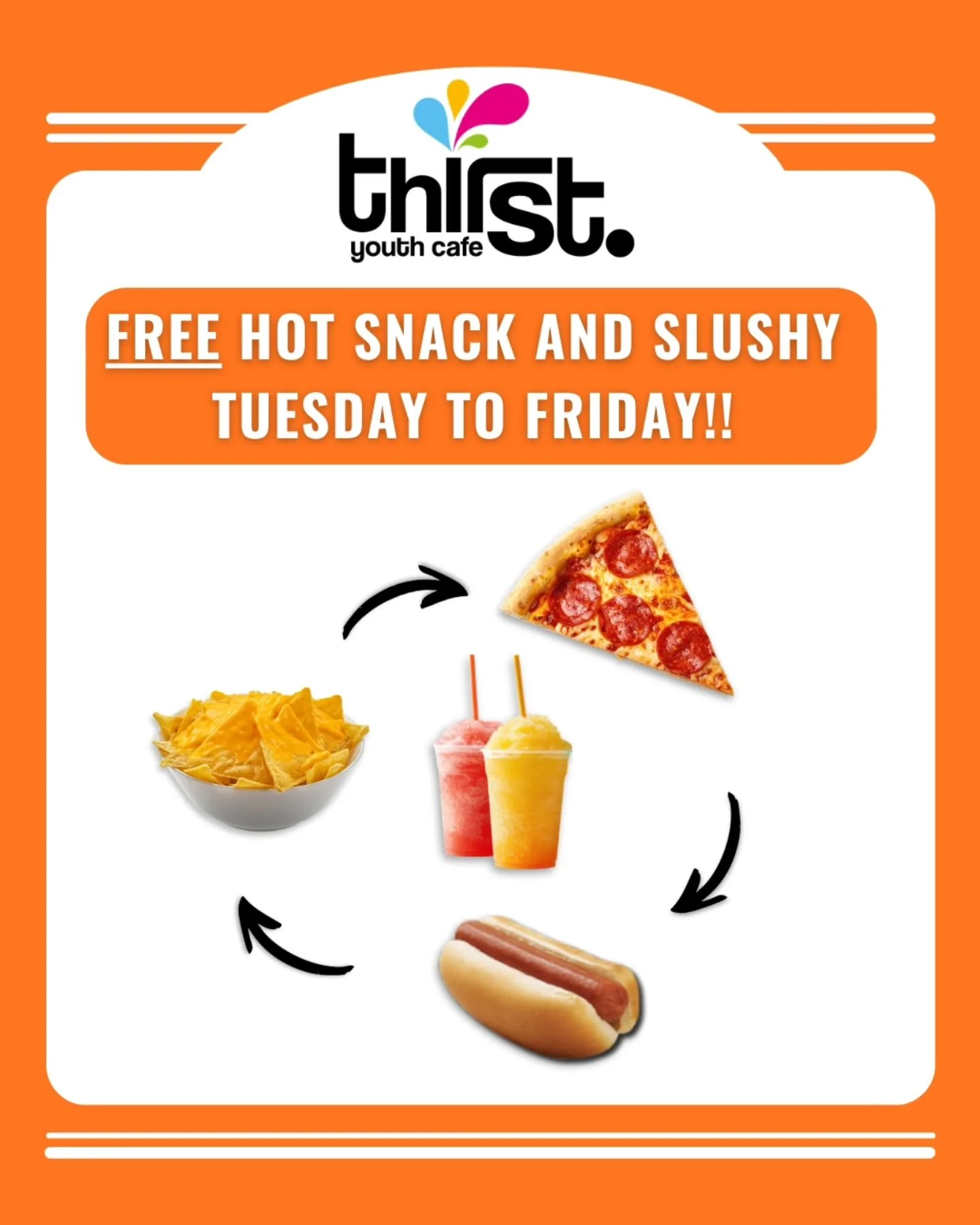 For the next few weeks we are giving out a hot snack and a fruit slushy absolutely free! Come to Thirst to find out which snack we have on offer each day 😋

#bishopsstortford #bishopsstortfordBID