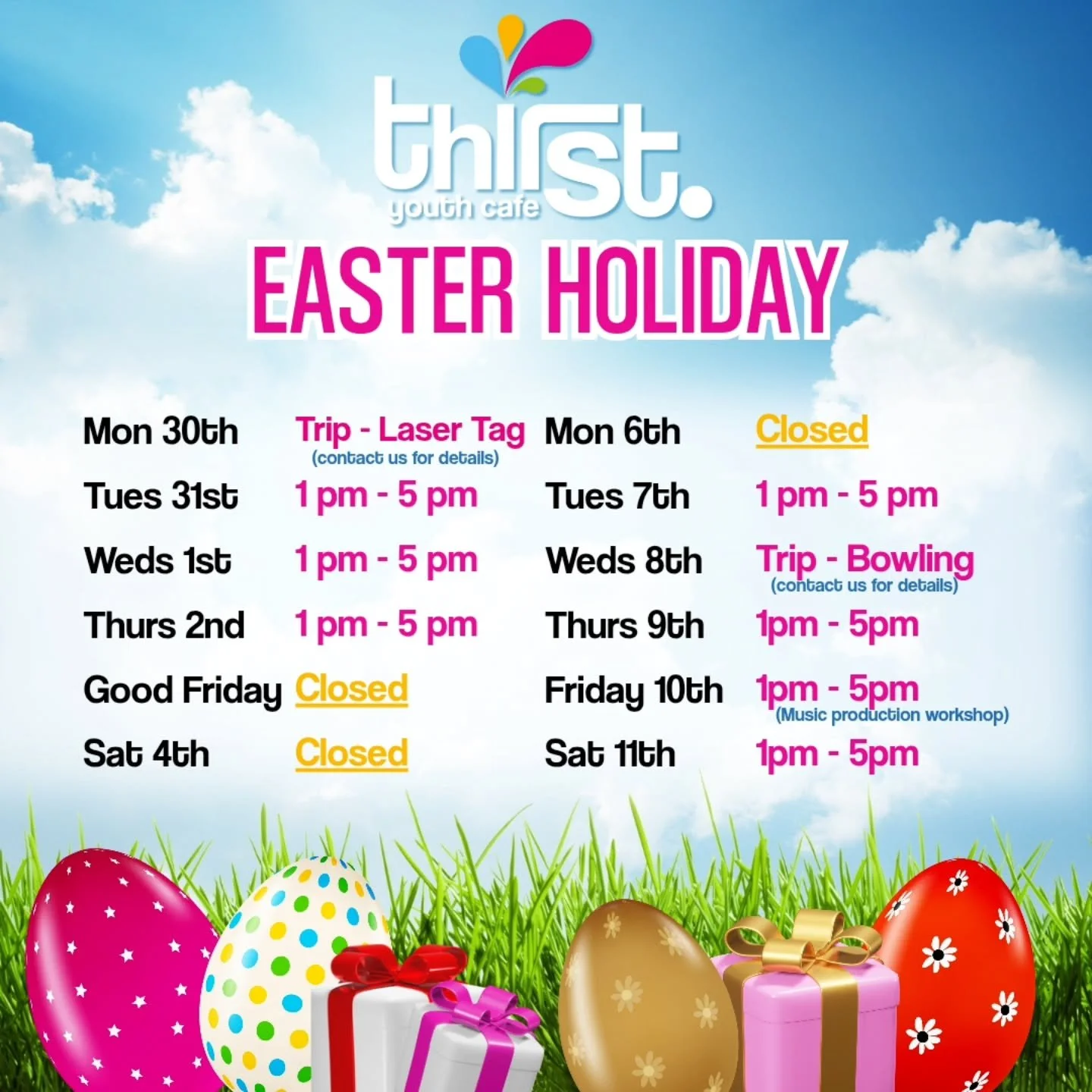 Easter holidays are here! We are open for fun and games and we have some fun trips planned (contact us for details) . We also have the awesome @everybodylovesmusiccic  back for a music production workshop on Friday the 8th, it's open to all so come a