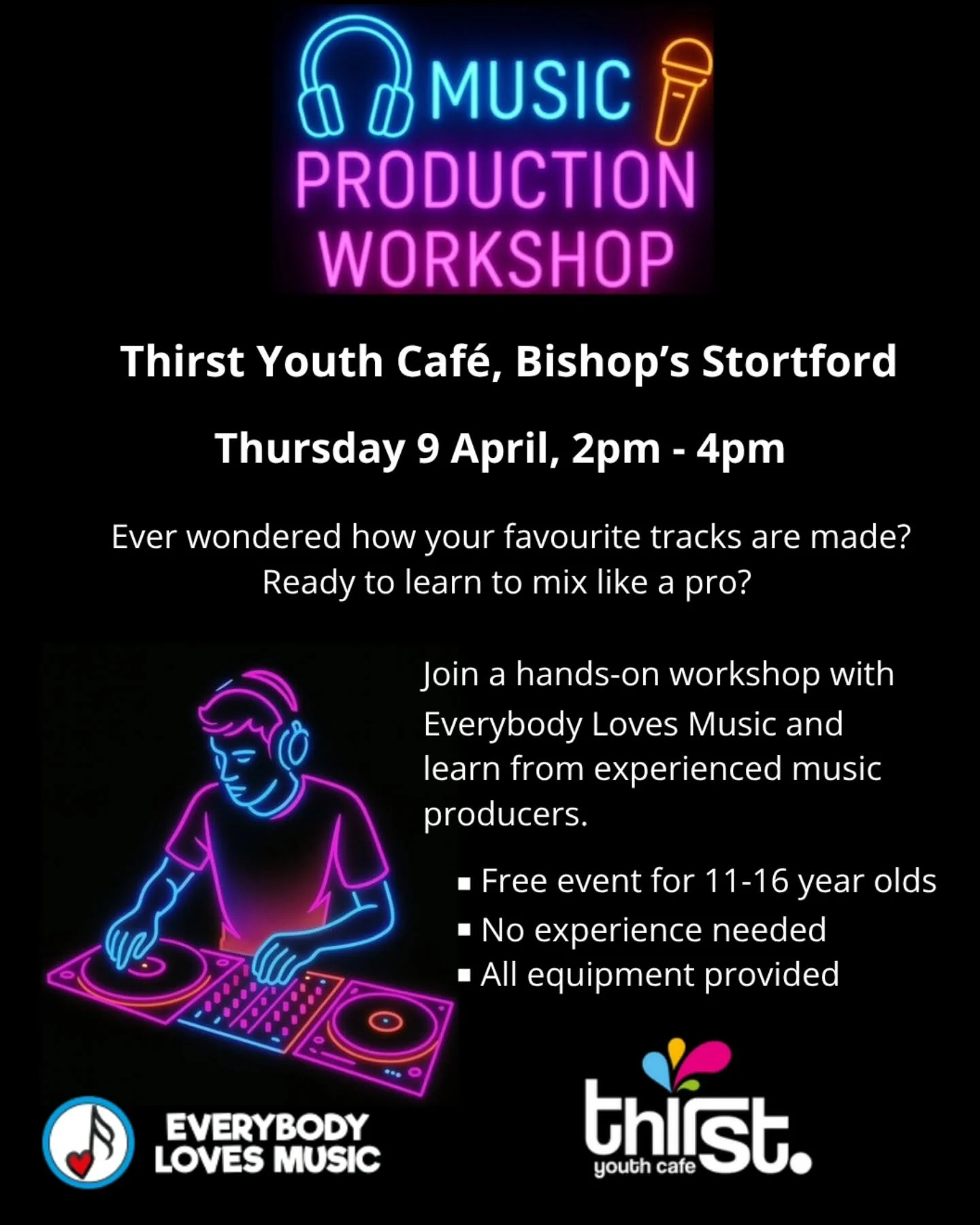 We have the amazing @everybodylovesmusiccic back in Thirst Youth Cafe tomorrow Thursday 9th April 2pm - 4pm It's a chance to have a go with music production using professional equipment and learning from pro's all welcome so come and have some fun!!
