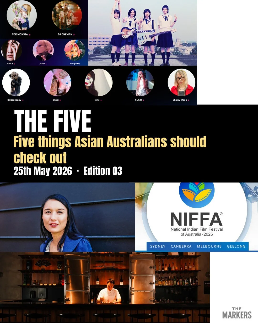 The Five &middot; Edition 03
Five things Asian Australians should check out this week:

1. Asian artists at@vividsydney 
@sebseb122  @youngkimj @billionhappy  @chalkywong &amp; @funkynutmeg  hit Tumbalong Nights on 28 May, followed by @shaunthehuman 