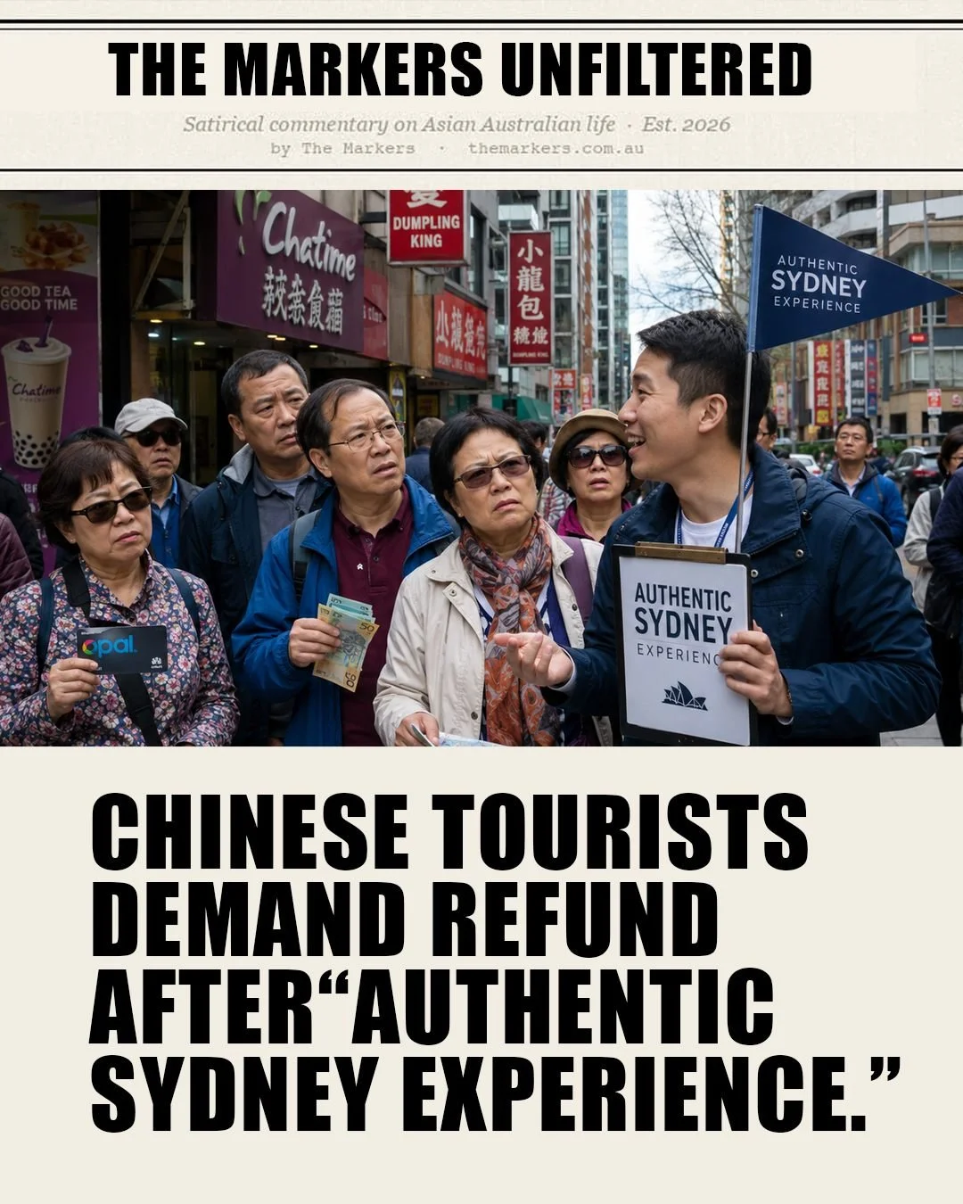 They wanted Bondi Beach but got Haymarket. The Markers Unfiltered, covering stories that matter the least. 

#asianaustralian  #sydney  #hurstville  #Chatswood #Haymarket #Burwood  #chineseaustralian  #AsianAustralia  #sydneylife