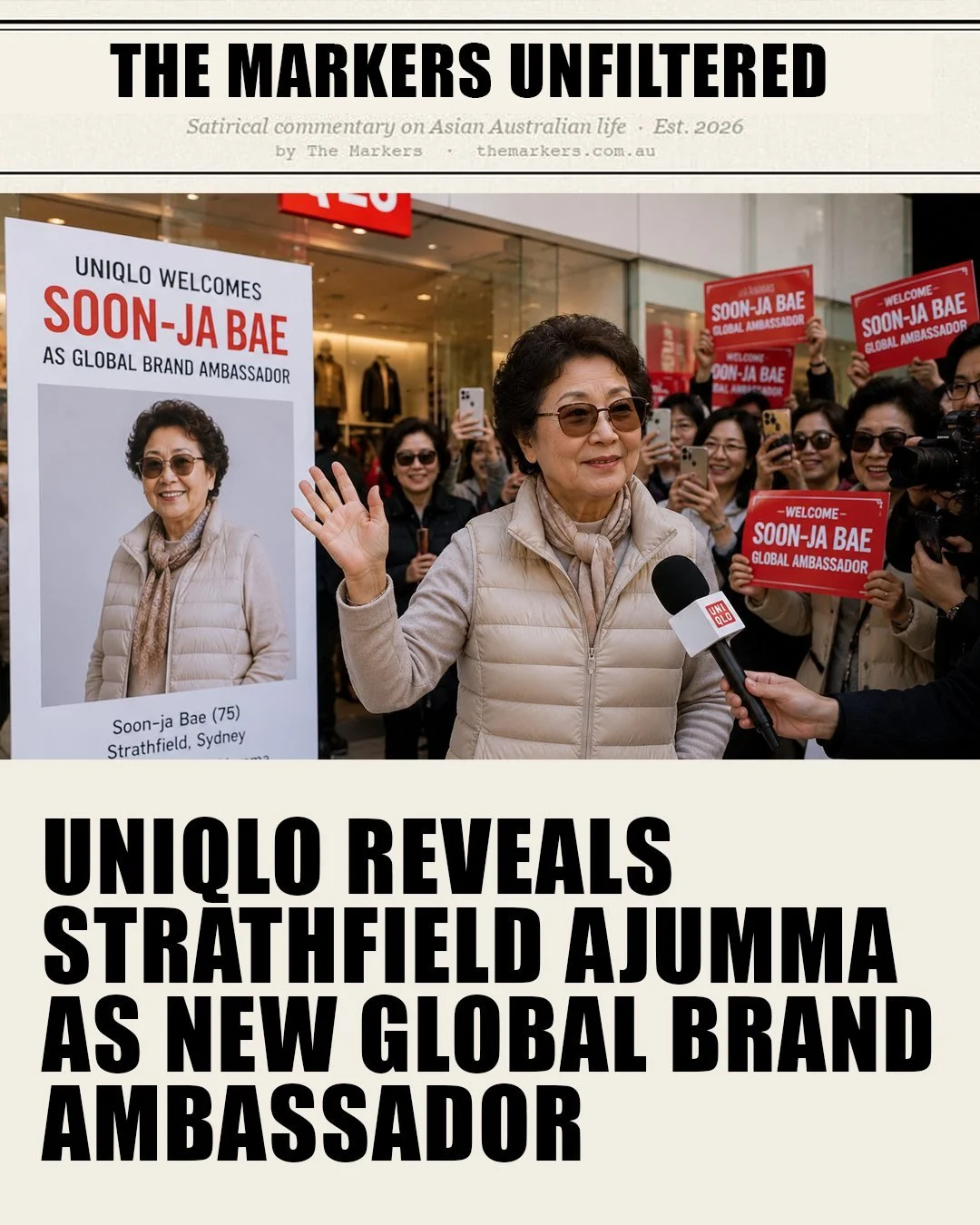 Breaking news from Uniqlo HQ. The Markers unfiltered, covering stories that matter the least. Follow for more. 

#asianaustralian  #HeatTech #Strathfield #Ajumma #KoreanAustralian #AsianAustralia #AsianDiaspora #SatireContent #AsianContent #SydneyLif