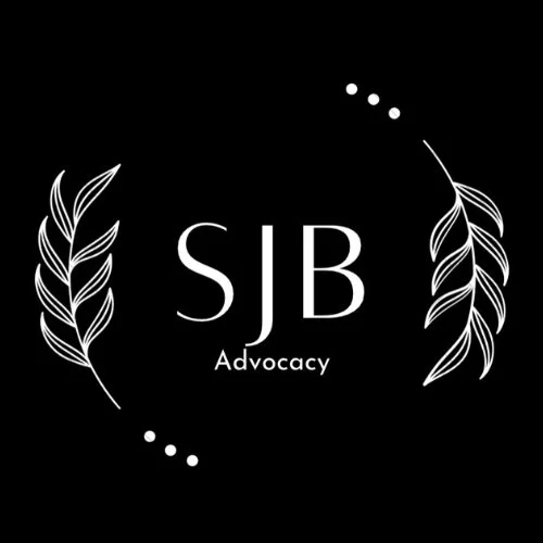 Black logo with white text displaying 'SJB Advocacy' surrounded by illustrated leaves and small decorative dots.