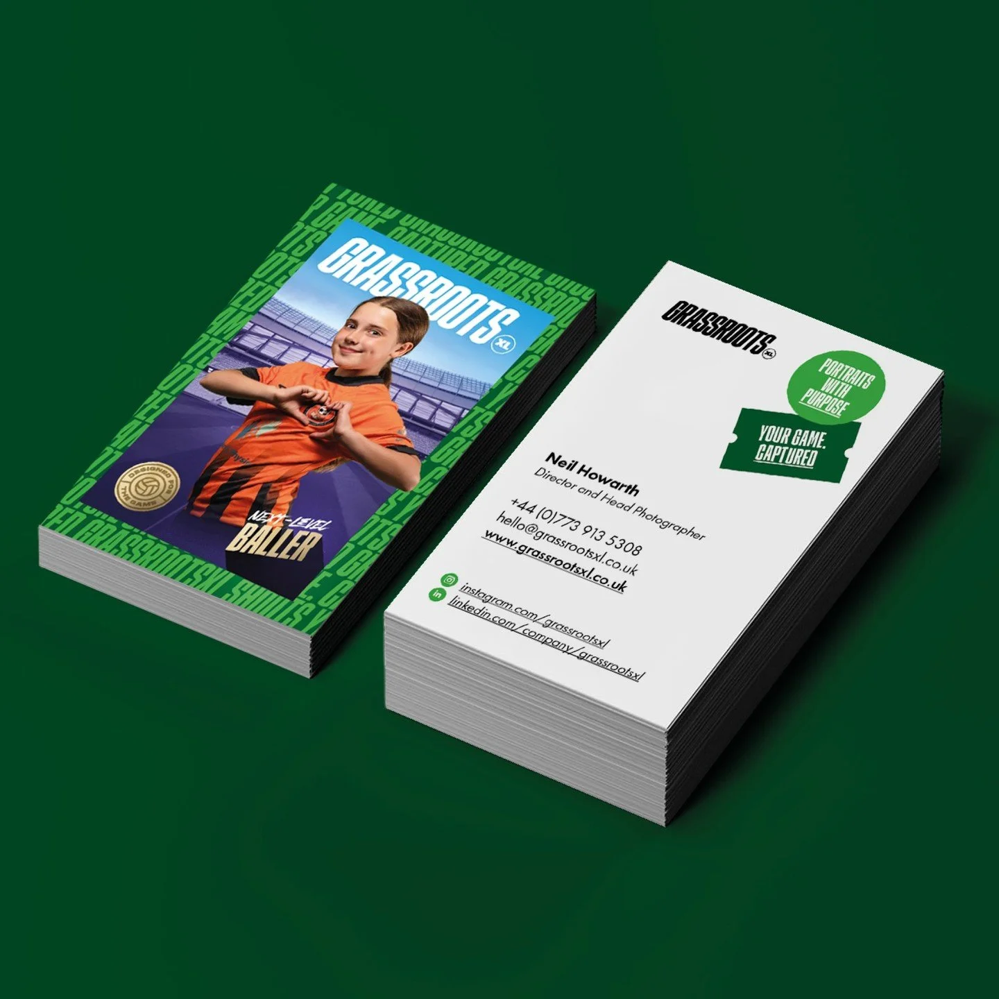 We finally got around to designing business cards for GrassrootsXL &mdash; and had a lot of fun with this one!

The original idea for the business was inspired by my son&rsquo;s love of football trading cards, so it only made sense to bring that same