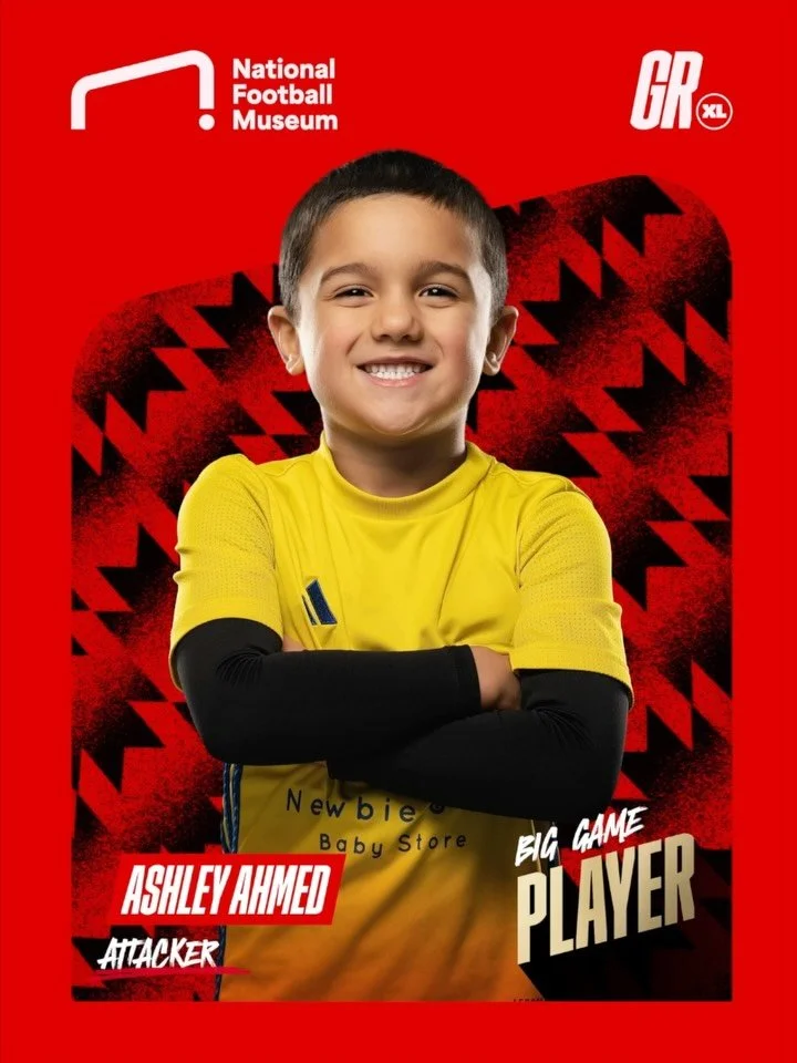 Create their player moment.

This weekend, GrassrootsXL returns to the National Football Museum with a football photo experience made just for kids.

Your little players can customise their portrait with their name, colours and position, set inside e