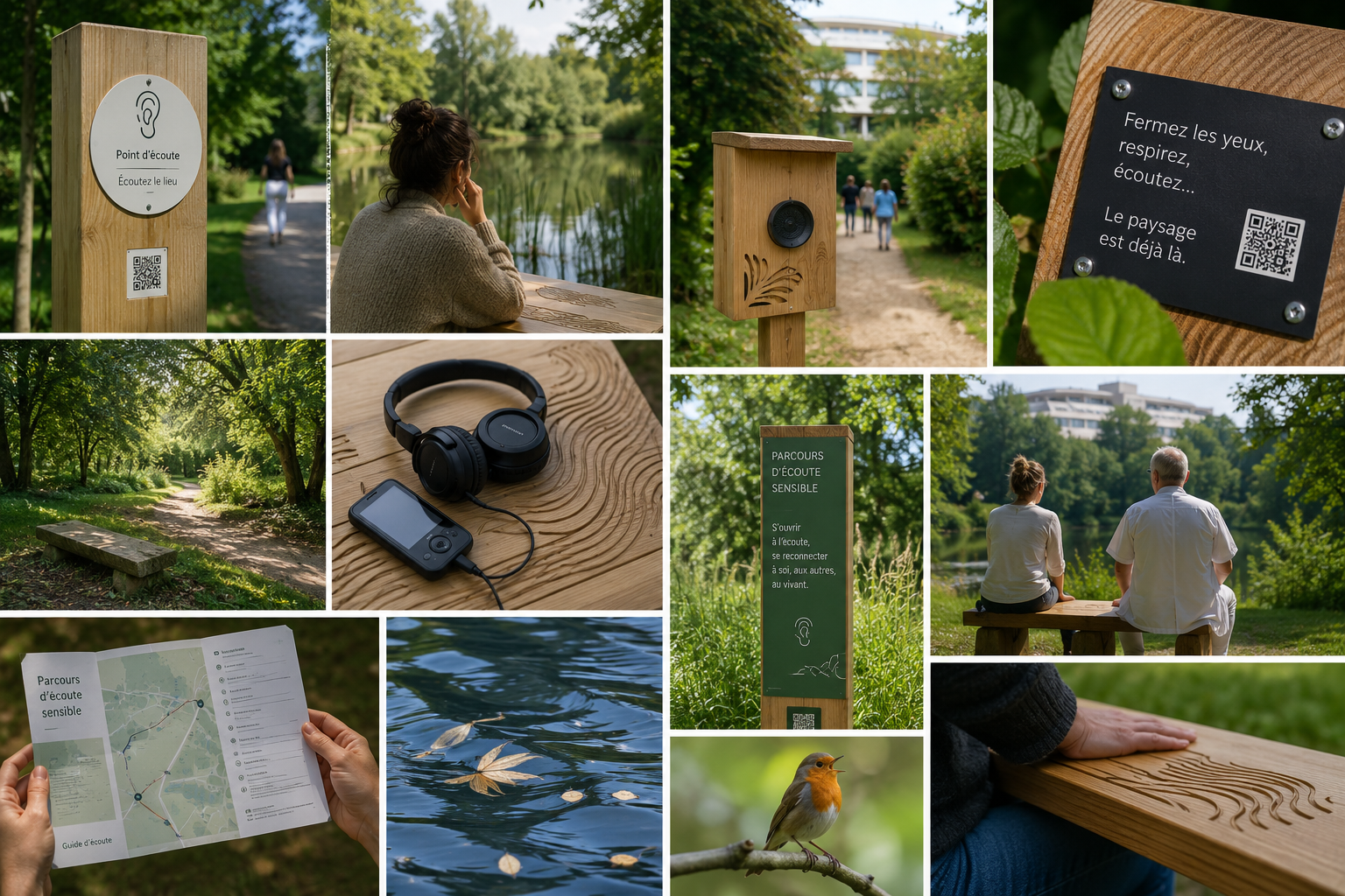 Une scène paisible dans un parc avec des panneaux explicatifs en bois, des chemins bordés d'arbres, et des personnes assises sur un banc en bois. Des appareils comme un casque audio, une caméra et un smartphone sont visibles sur une table en bois, avec une illustration d'un oiseau, de feuilles flottant à la surface de l'eau, et une femme écoutant la nature, avec des panneaux indiquant un parcours d'écoute sensible.