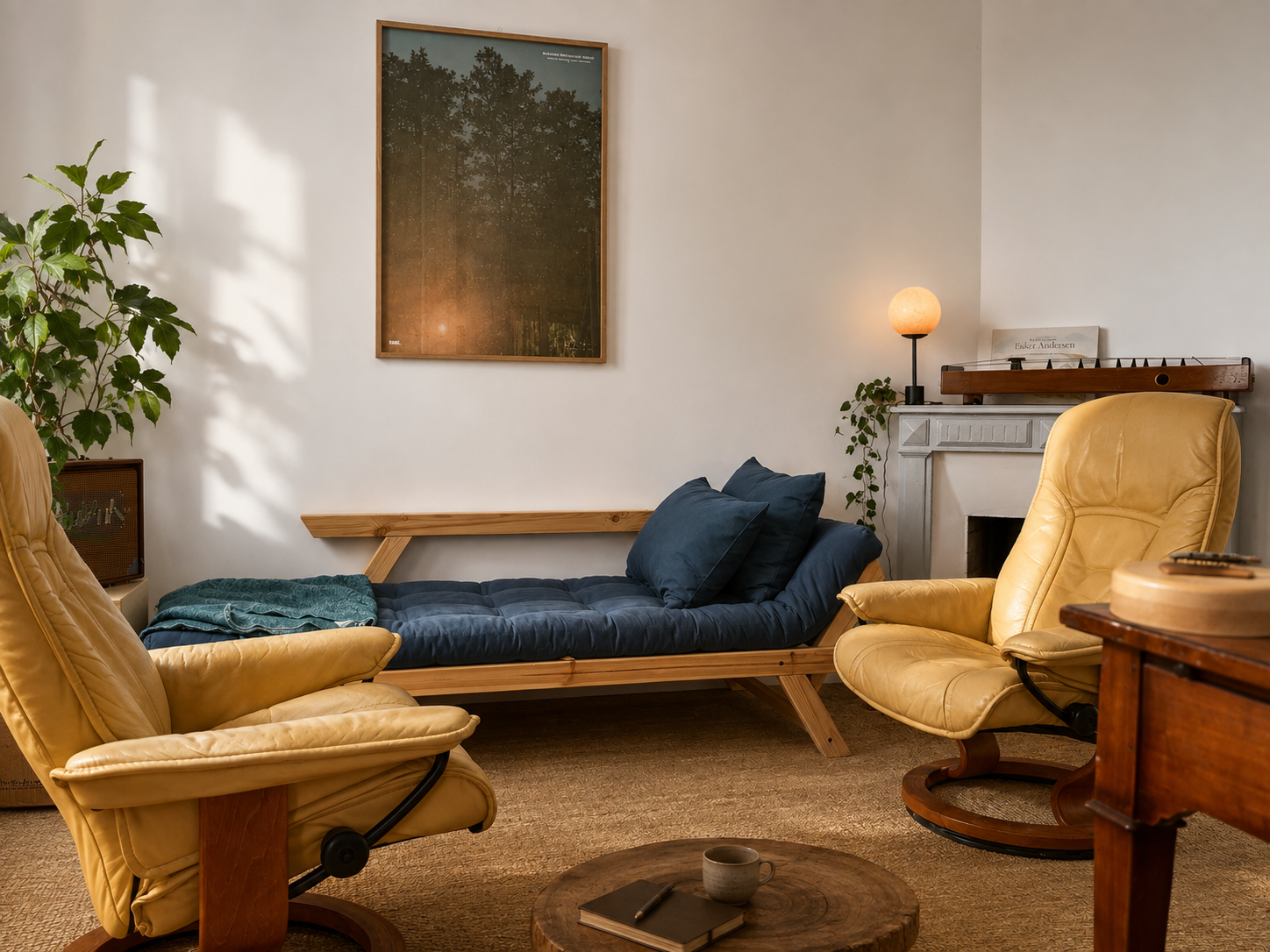 Salon avec deux fauteuils en cuir jaune et un canapé-lit en bois avec des coussins bleus, cheminée décorative avec une lampe, plantes vertes, tableau avec arbre, tapis beige et table en bois avec une tasse, un livre et un carnet.