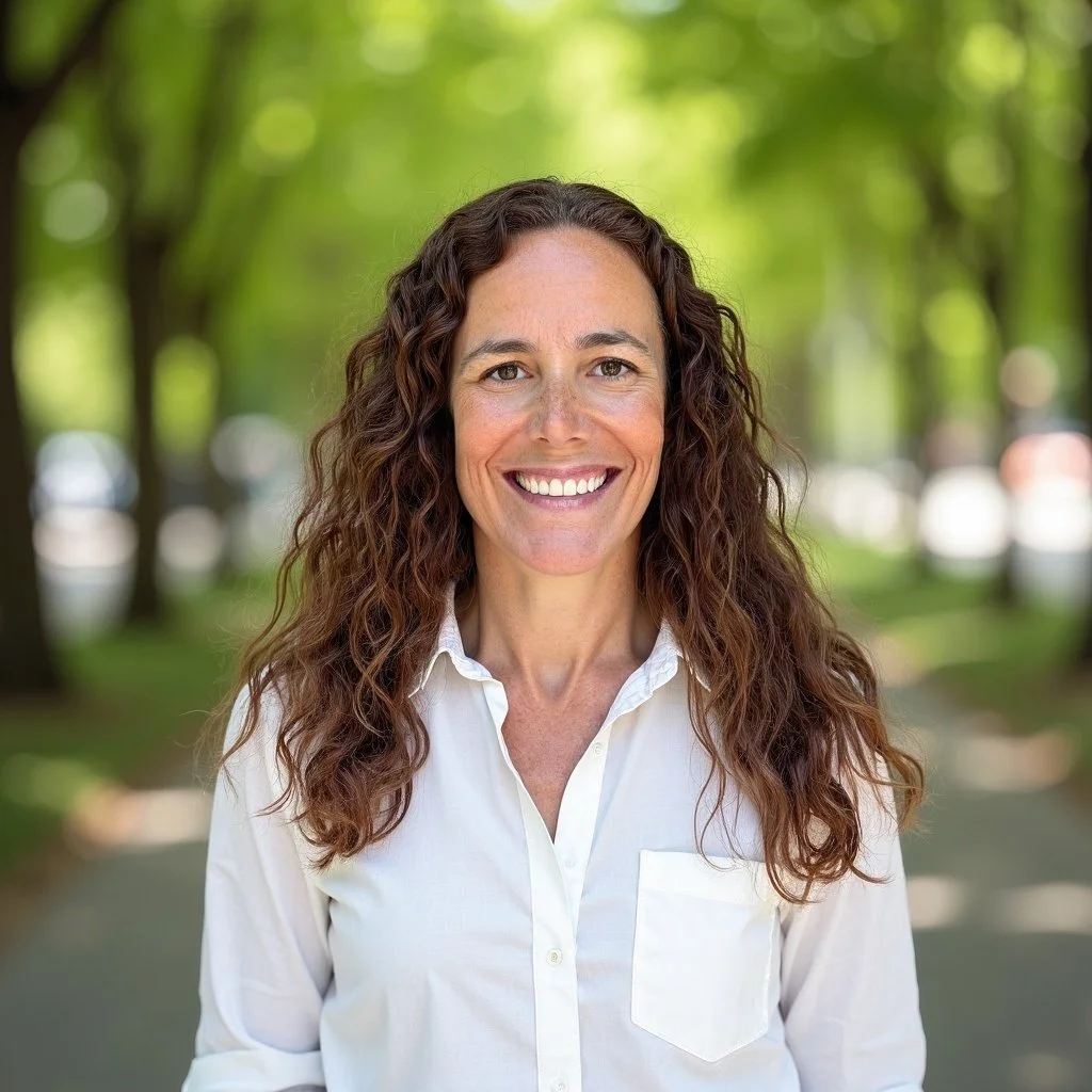 Carolina Lancastre smiling outdoors with trees and a pathway in the background.