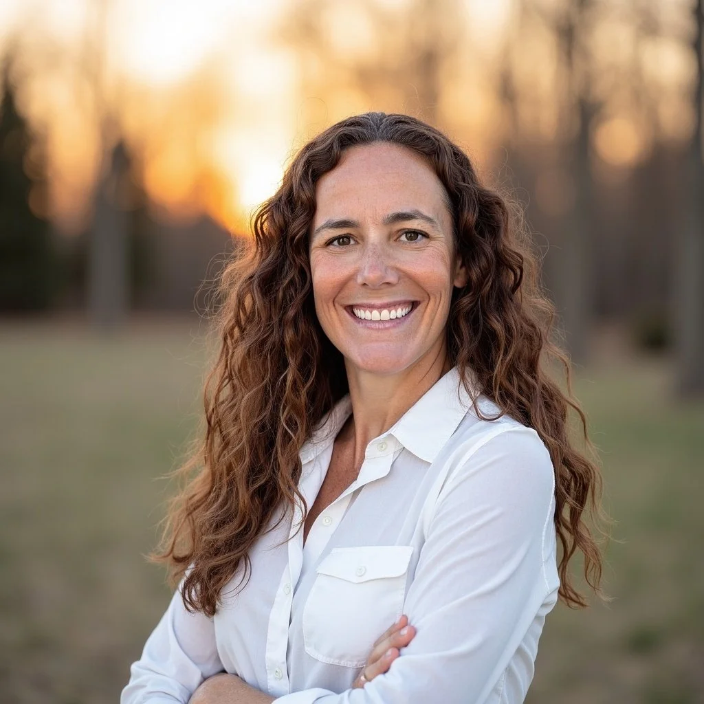 Carolina Lancastre smiling at the camera outdoors during sunset, wearing a white shirt.