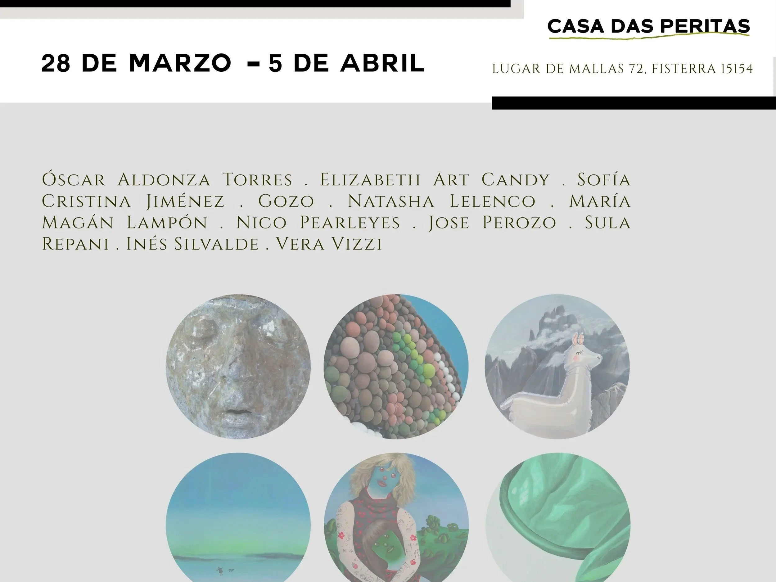 Anuncio de exposición con fechas del 28 de marzo al 5 de abril en Casa Das Peritas, en Fisterra, con perfiles de varios artistas y seis obras de arte, incluyendo un rostro en escultura, una pila de bolas de colores, una figura de una llama, un paisaje acuático, una ilustración de una mujer con cabellera rubia y otras formas abstractas y paisajísticas.