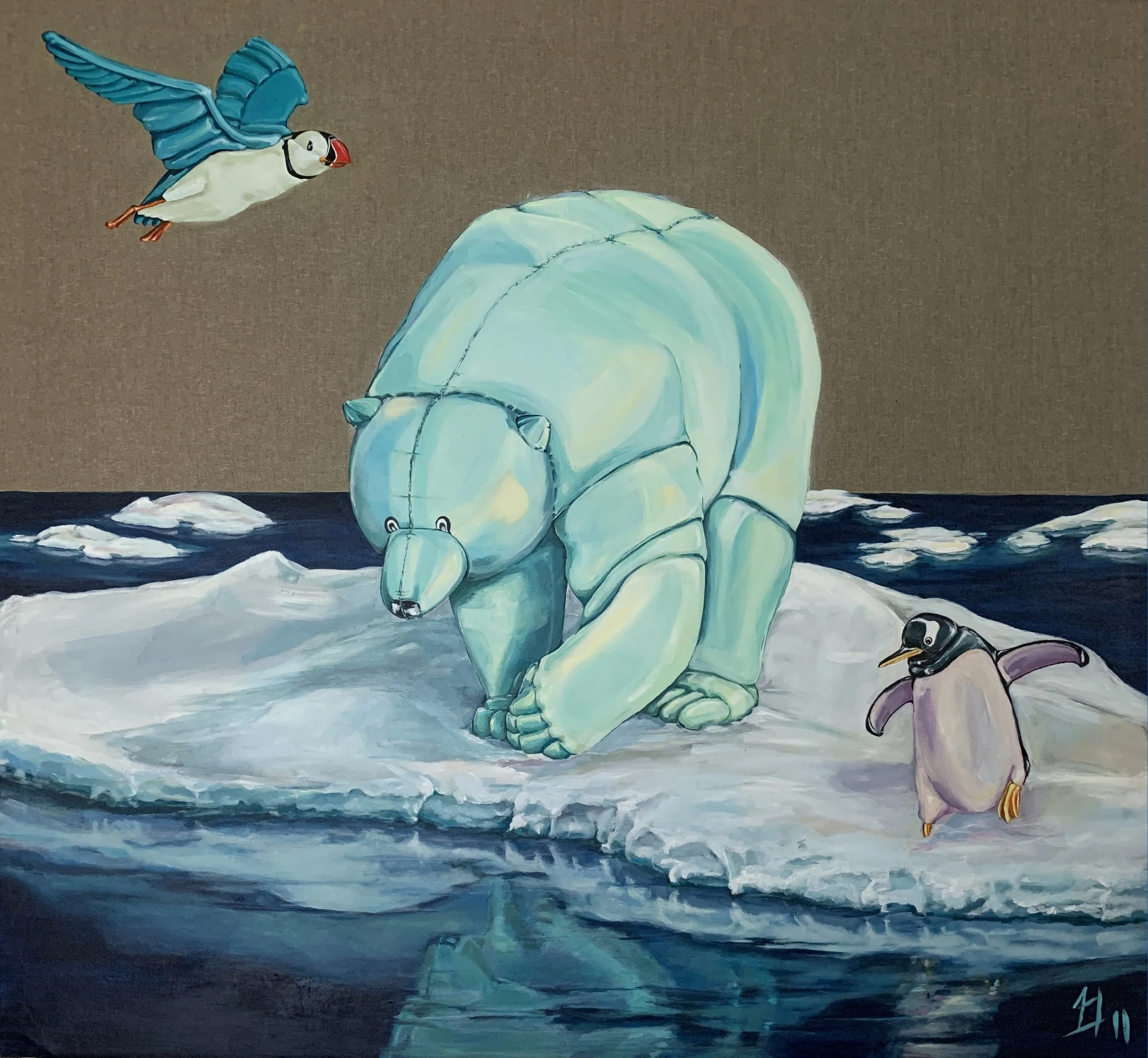 El Oso polar y el puffin, pintura de un oso polar y un frailecillo sobre una placa de hielo, de Sofía Cristina Jiménez.