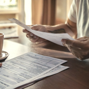 Person holding and reviewing papers or documents at a table with a coffee mug.