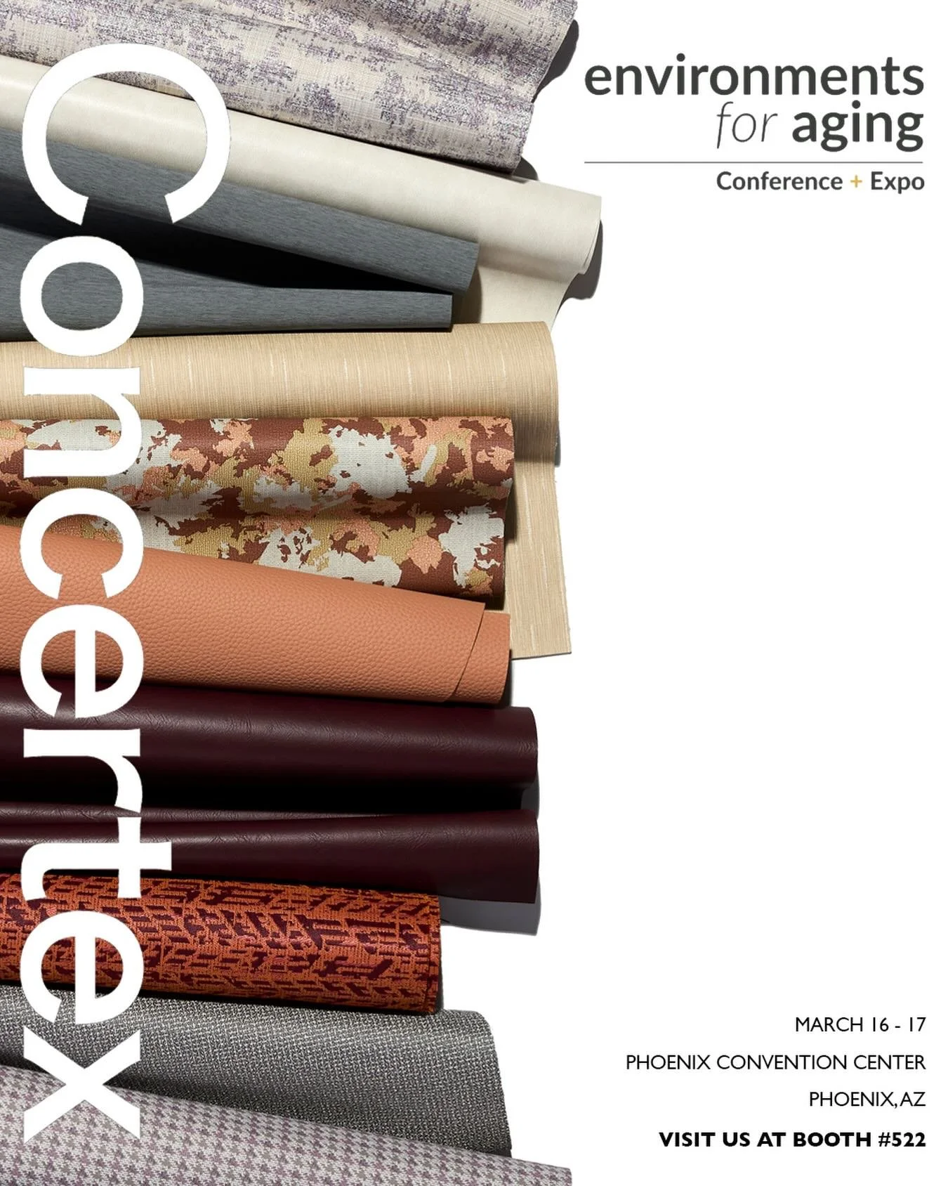 Heading to Phoenix for the Environments on Aging?  Please visit Concertex and be inspired by the latest offerings in sustainable and performance products.  Concertex is the leader in performance commercial textiles!  @concertex #commercialinteriors #