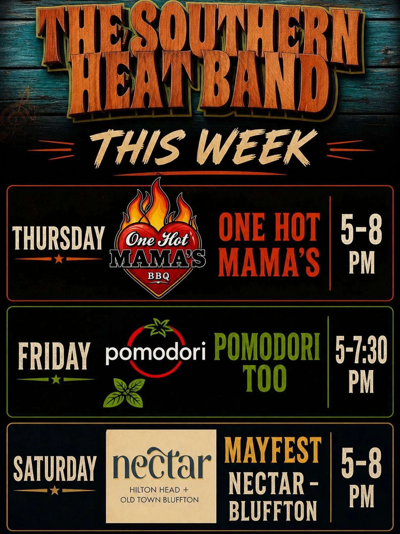 A little bit of everything this week! Come hang out with The Southern Heat Band for one of our acoustic shows or rock with us at Mayfest!