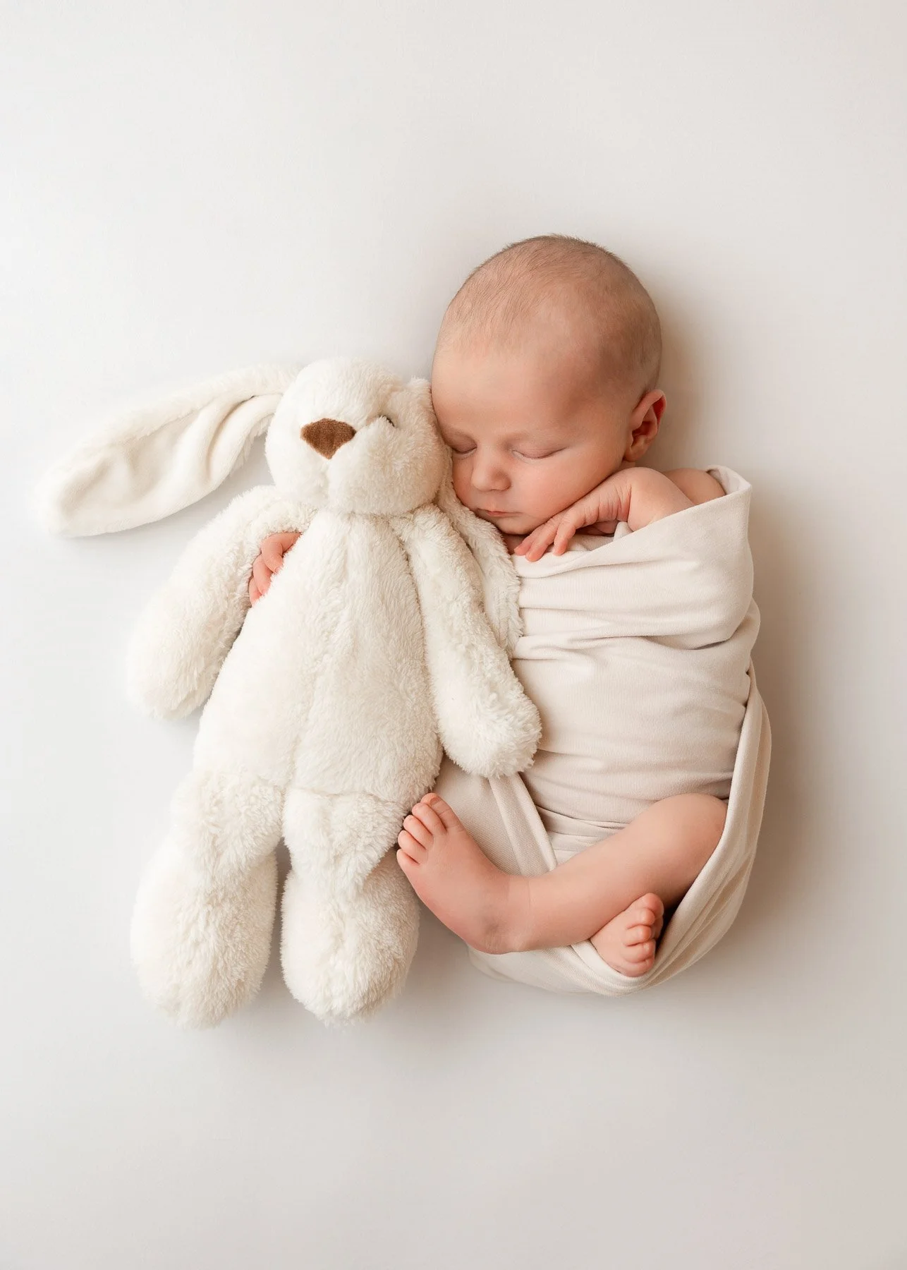 Ein Baby schläft und hält ein Kuscheltier, einen weißen Hasen, auf einem weißen Hintergrund.