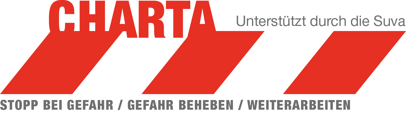Logo mit roten und grauen Streifen, Text 'CHARTA' in groß, darunter 'Unterstützt durch die Suva', und darunter 'STOPP BEI GEFAHR / GEFAHR BEHEBEN / WEITERARBEITEN'.