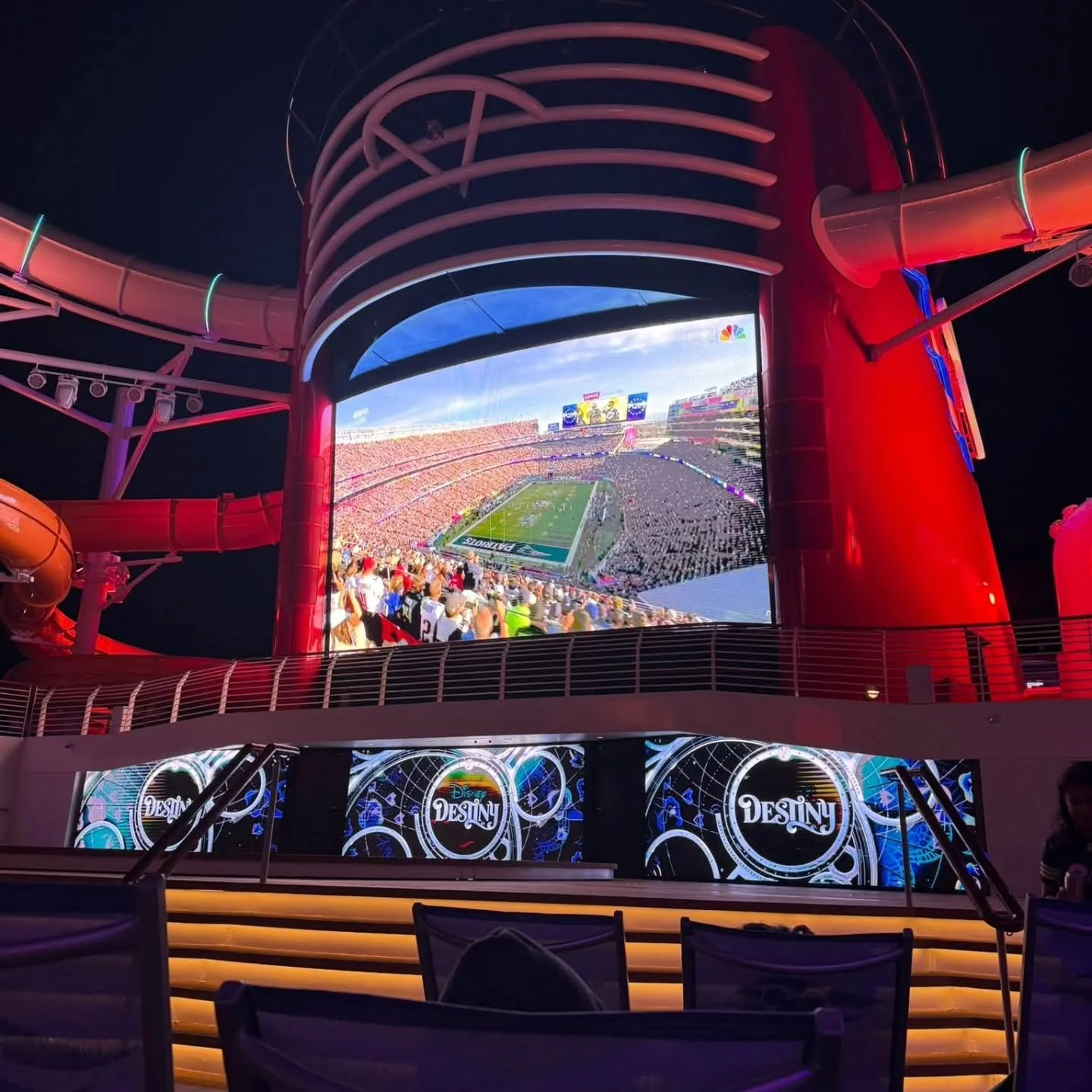 🏈📺 Super Bowl on Funnel Vision hits different.
These photos from the Disney Destiny popped up in my feed and I had to share. Watching the big game under the stars, surrounded by ocean views and that classic Disney Cruise vibe? Yes please.

One more
