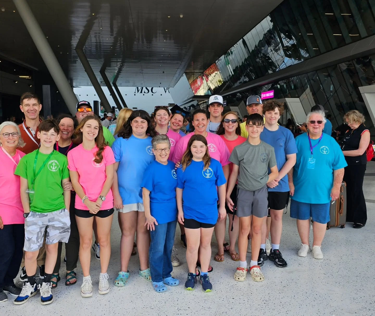 And we are officially on VACATION! 19 of my family and friends are setting sail on Royal Caribbean for spring break.... and yes, we came with matching superlative shirts because we are THAT group. 🏆

Best travel buddies? Voted yes. 

As for me? I'm 