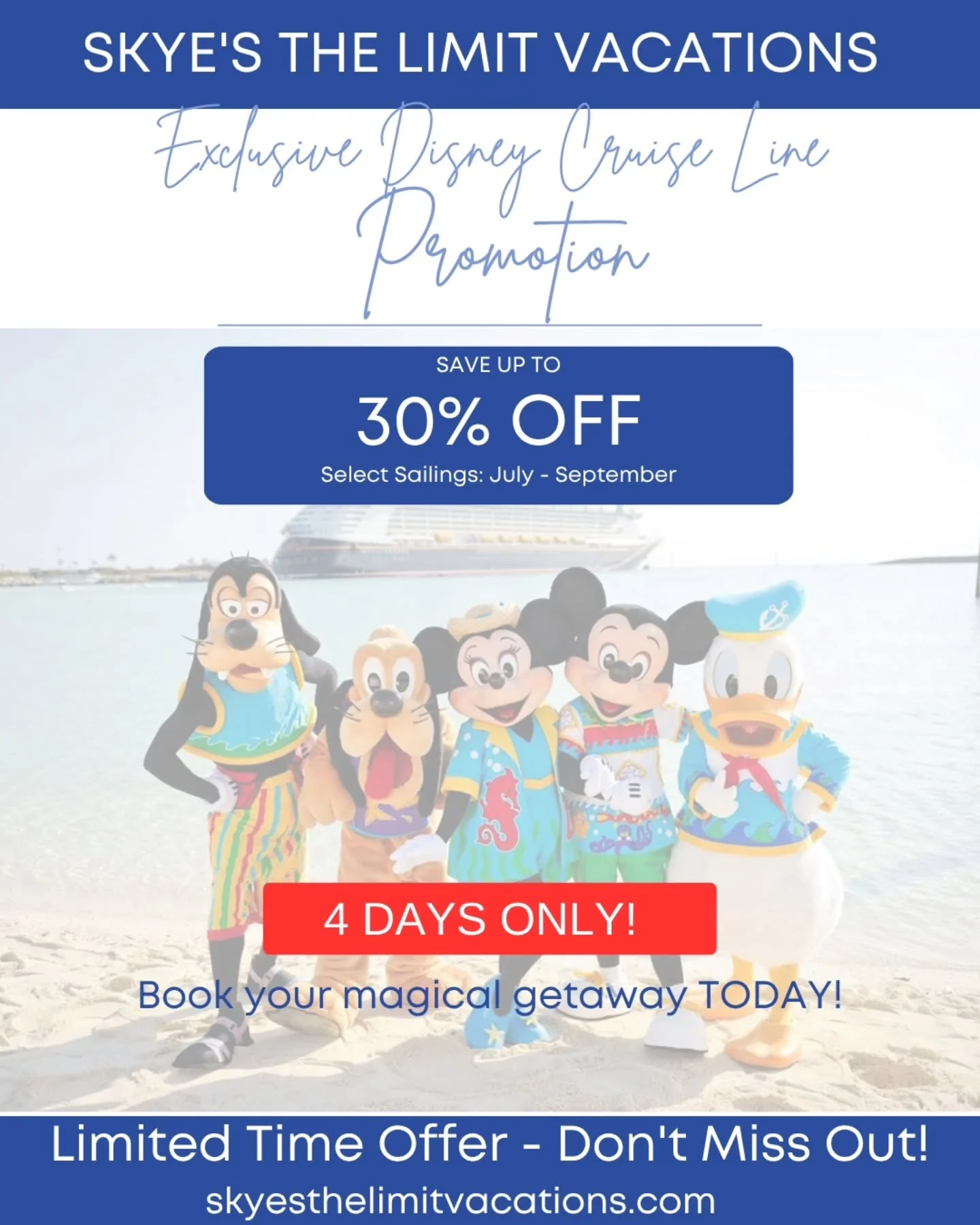 🛳 MAGIC AWAITS (AND IT&rsquo;S ON SALE!) ✨

For 4 DAYS ONLY, you can save up to 30% off select Disney Cruise Line sailings departing between July and September!

​Whether you&rsquo;ve been dreaming of exploring tropical beaches or experiencing world