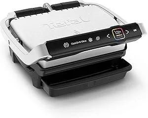 A close-up of a Tefal OptiGrill advanced contact grill with a digital display and control panel.