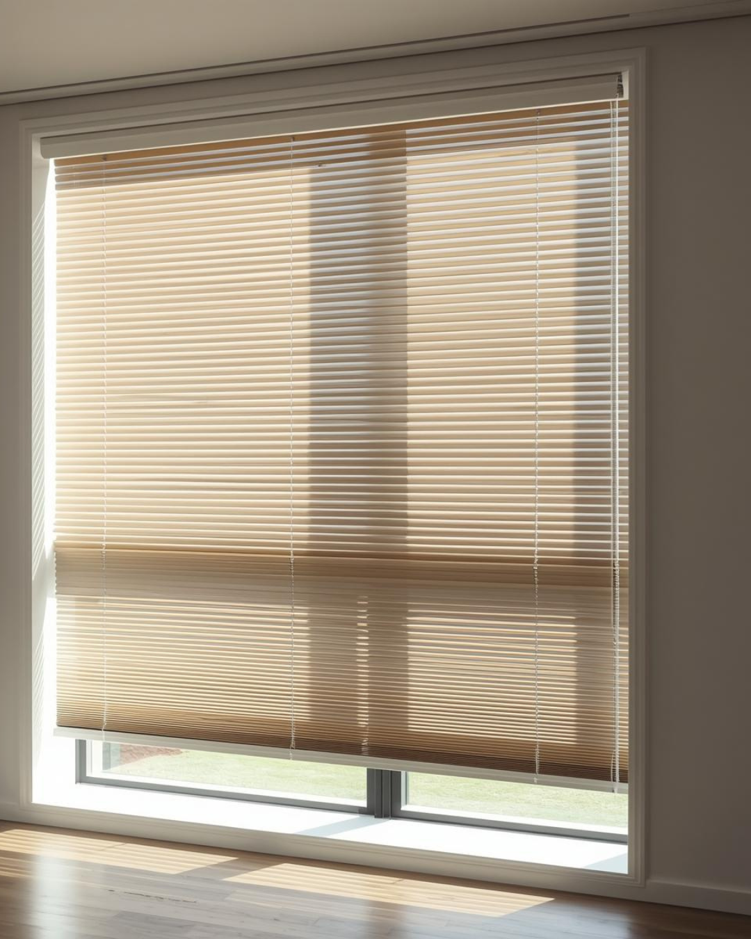 Closed beige horizontal window blinds covering a large sliding glass door, with sunlight filtering through.