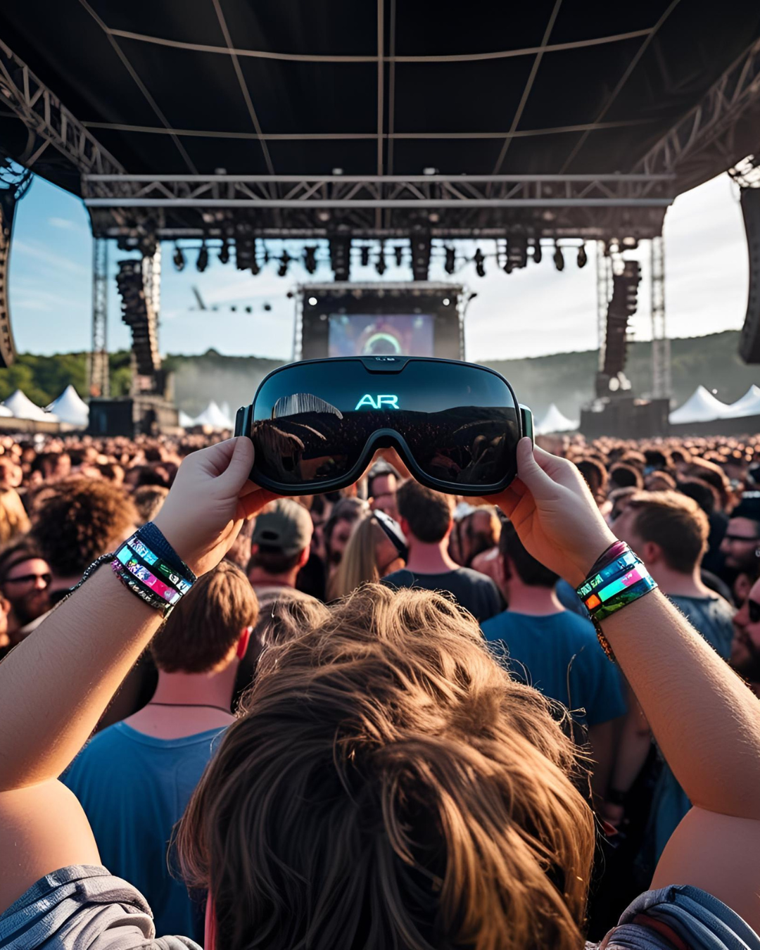 Person holding AR glasses at outdoor concert with crowd and stage in background.