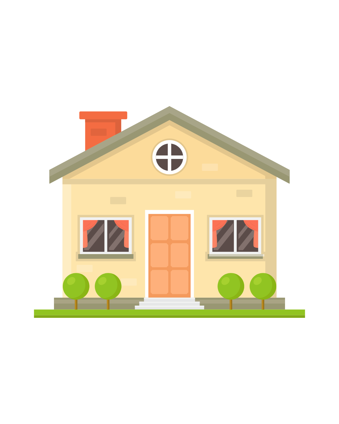 Illustration of a yellow house with a gray roof, red chimney, two windows with pink curtains, a front door, and four green bushes in front.