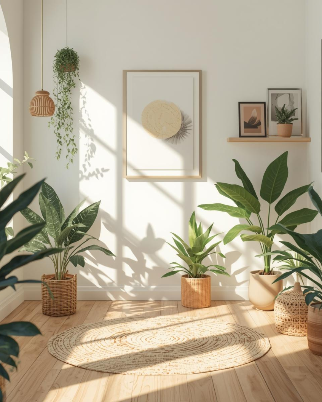 Sunlit room with several potted green plants, a framed abstract artwork, and smaller framed photos, decorated in natural earthy tones with a woven rug on light wood flooring.