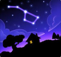 Night sky with stars and the constellation Orion, silhouetted trees, and a house with illuminated windows.