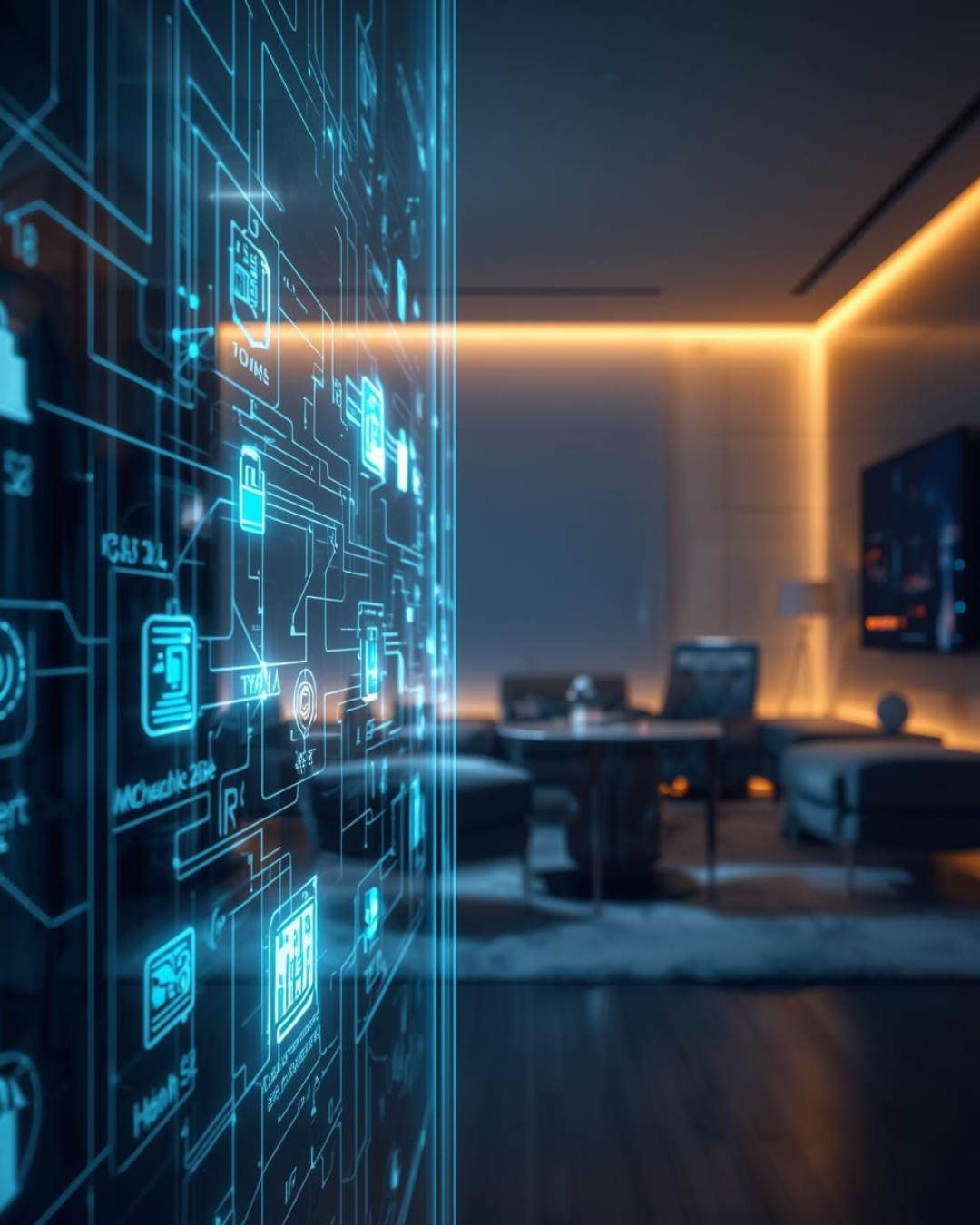 A modern living room with digital holographic interface graphics projected on a transparent wall, illuminated with soft warm lighting, featuring sofas, a coffee table, a laptop, and a television.