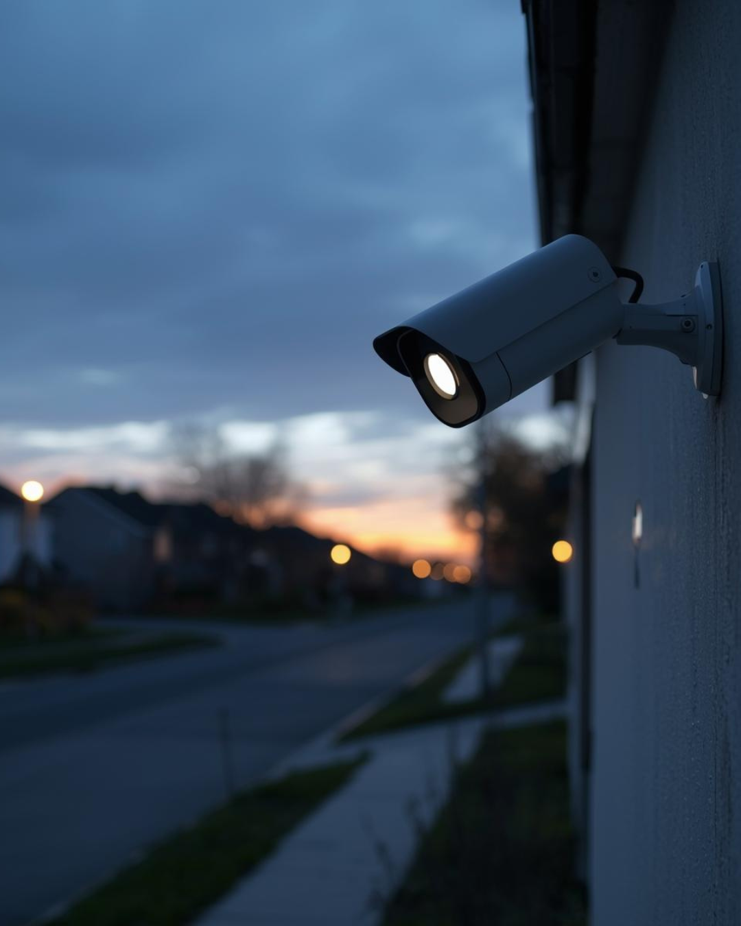 Security camera mounted on a wall outside during sunset.