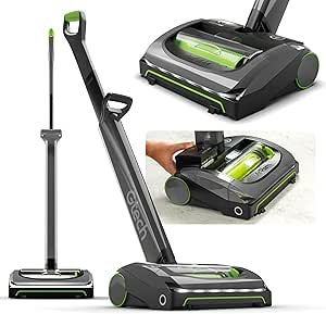 Image of a cordless stick vacuum cleaner with detachable handheld component, showing the vacuum in upright position, with a green and black design.