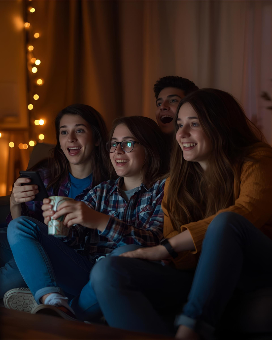 Four young friends watching something excitedly on a TV at night, with warm lighting and string lights in the background.