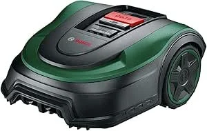Green and black robotic lawn mower with a control panel on top and large wheels on the sides.