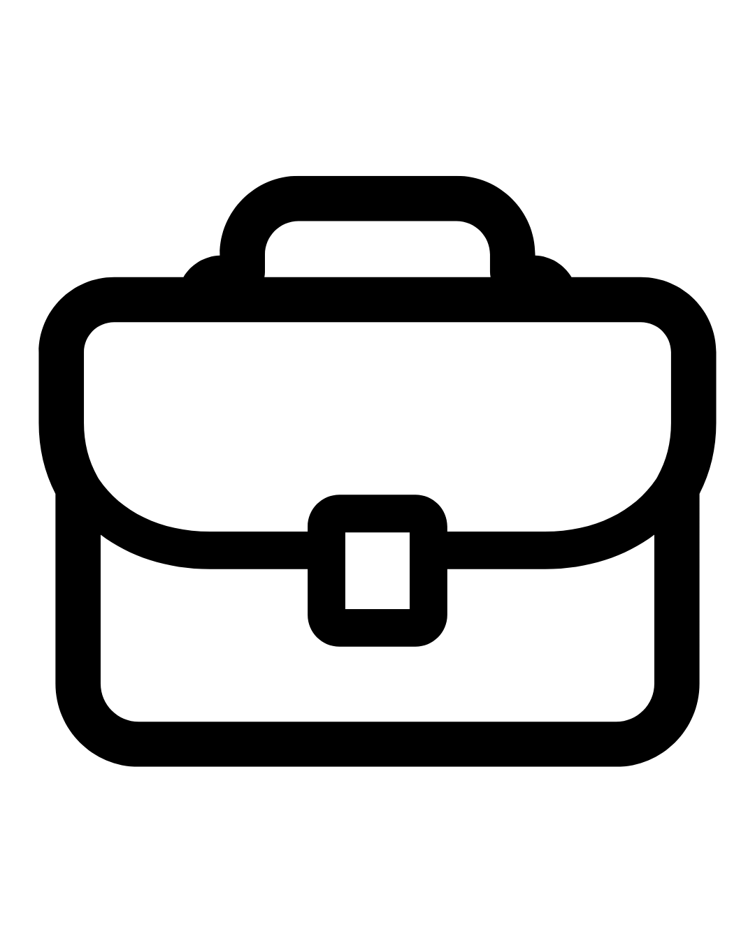 Outline of a briefcase or toolbox with a handle on top and a latch on the front.