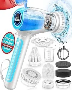 Electric cleaning brush with detachable brush heads, a cup, and accessories for cleaning; features a digital display and brush rotation mechanism.